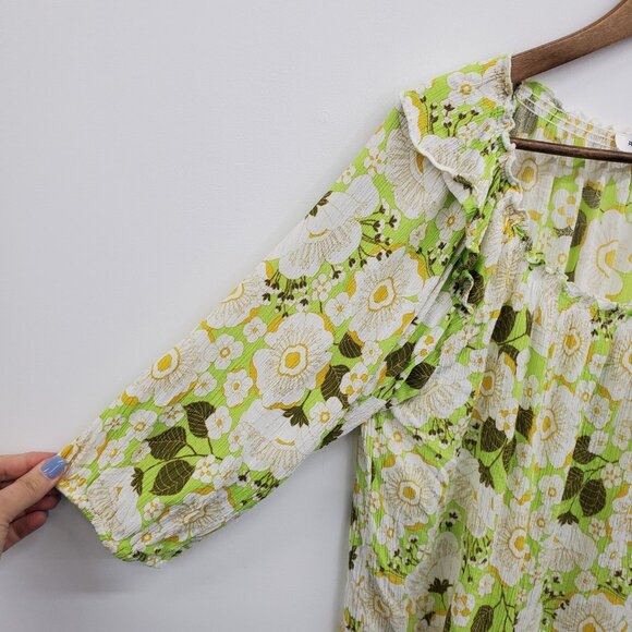Boho Floral Crinkle Blouse Ruffle Neck Lime Green Top L Cottagecore Peasant - Picture 10 of 16